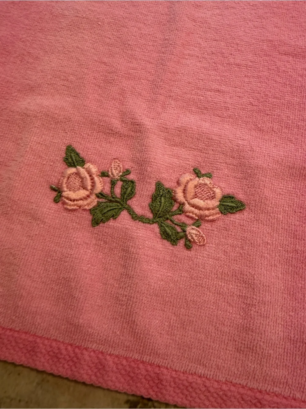 Vintage Martex pink embroidered floral hand towel. (Light fading)